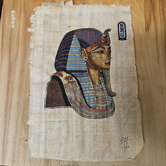 Vintage 70s Egyptian Pharaoh Tutankhamen Funeral Mask Painting on Papyrus - Picture 2 of 10